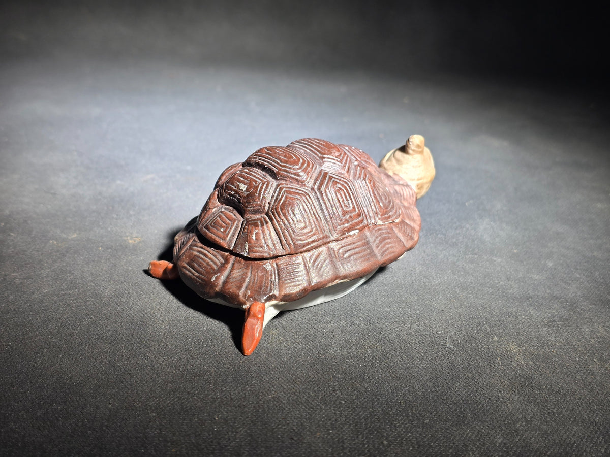 Antique Bisque Porcelain Figural Turtle Trinket Box with Bathing Beauty Figure