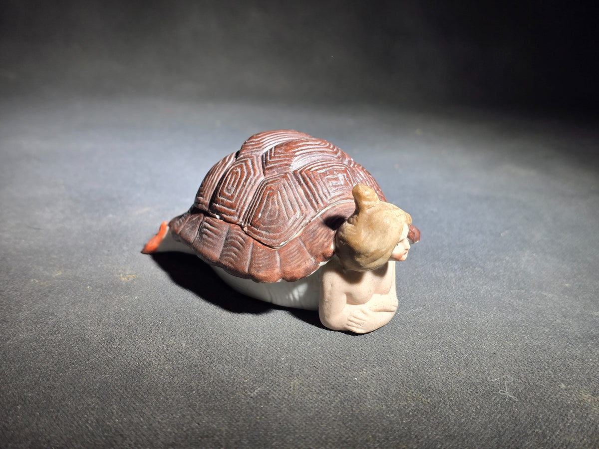 Antique Bisque Porcelain Figural Turtle Trinket Box with Bathing Beauty Figure