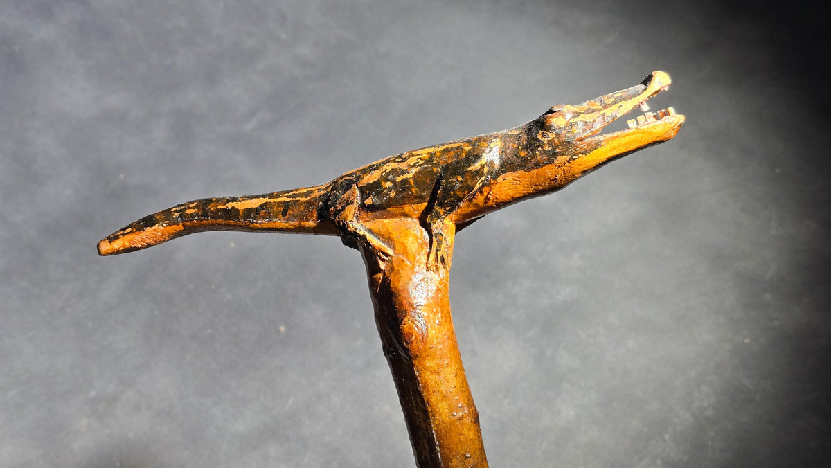Vintage Folk Art Carved and Painted Alligator Walking Cane with Open-Mouth Handle on Natural Branch Shaft