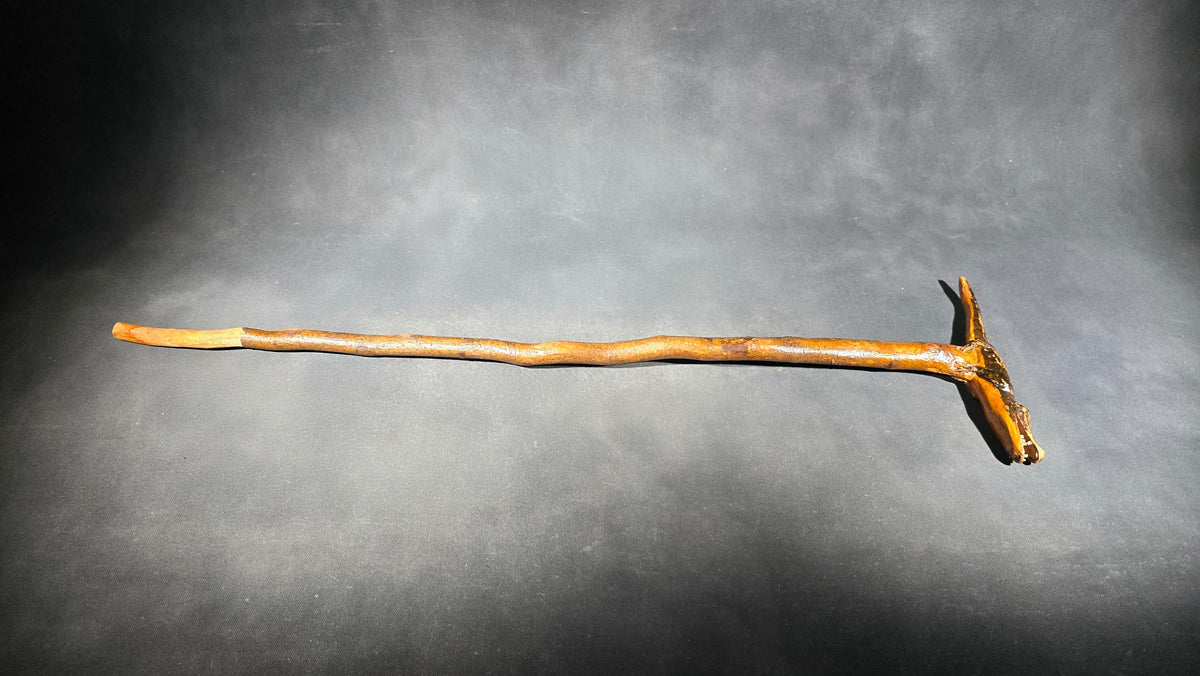 Vintage Folk Art Carved and Painted Alligator Walking Cane with Open-Mouth Handle on Natural Branch Shaft