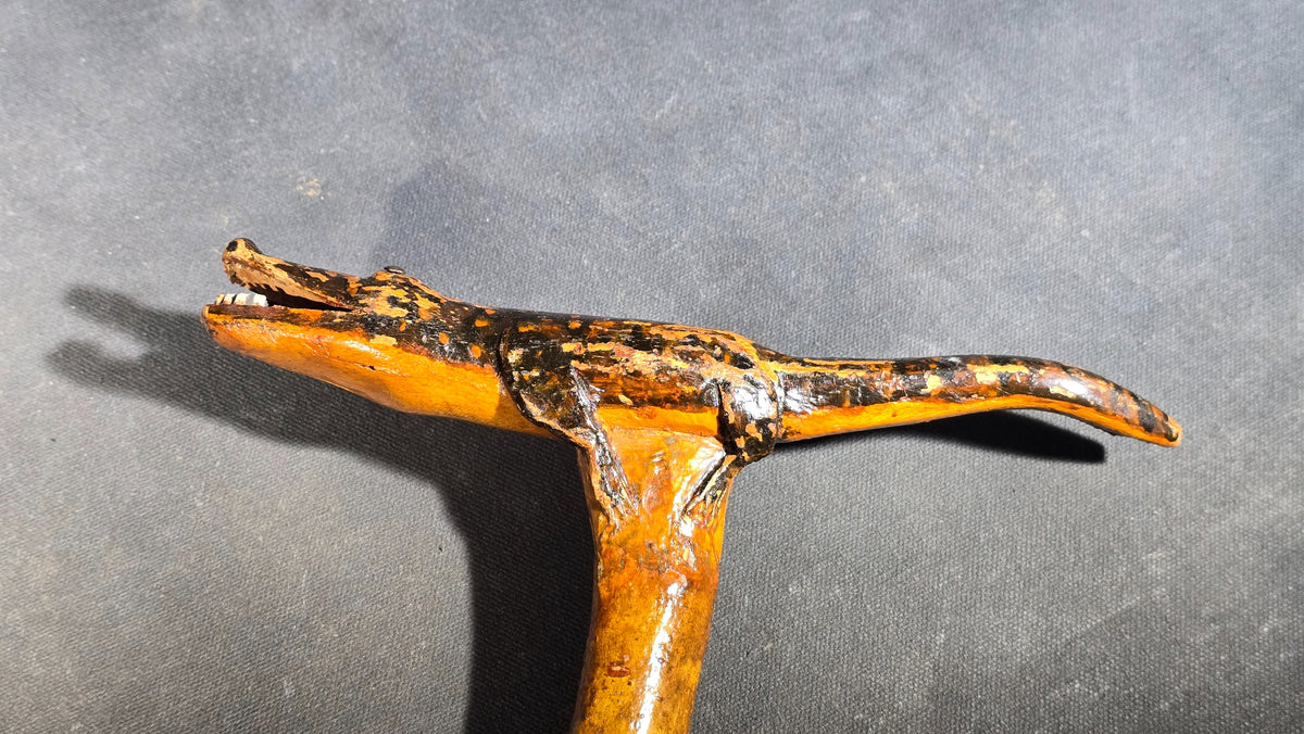 Vintage Folk Art Carved and Painted Alligator Walking Cane with Open-Mouth Handle on Natural Branch Shaft
