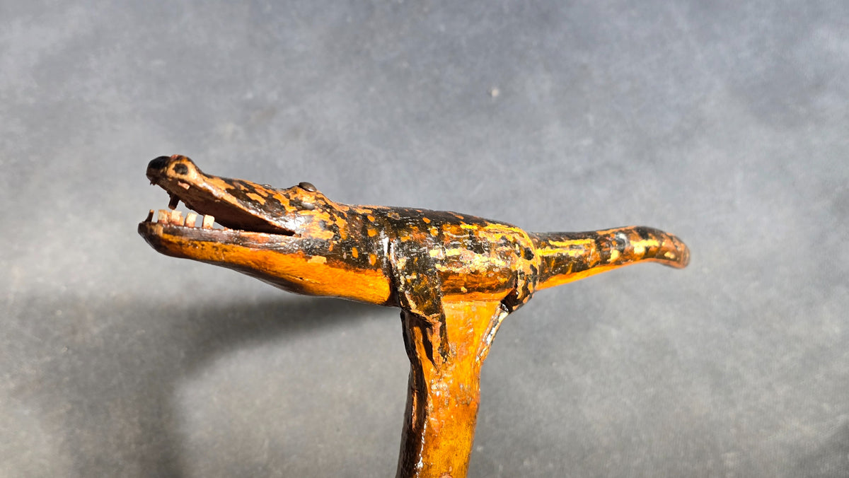 Vintage Folk Art Carved and Painted Alligator Walking Cane with Open-Mouth Handle on Natural Branch Shaft