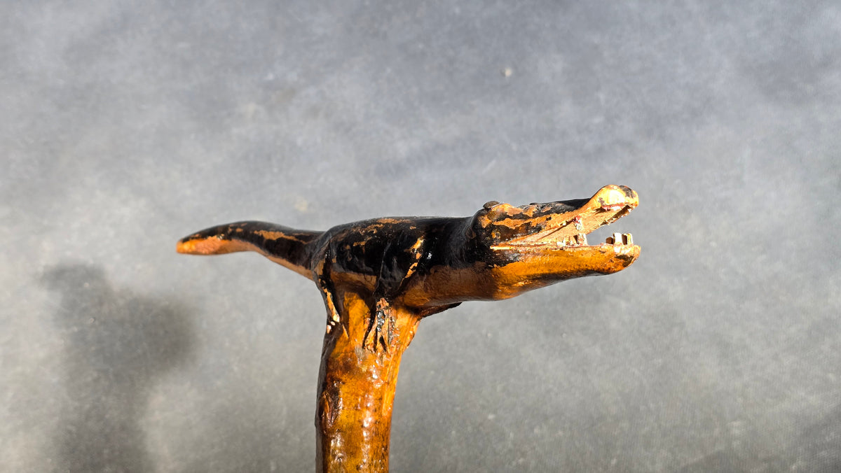 Vintage Folk Art Carved and Painted Alligator Walking Cane with Open-Mouth Handle on Natural Branch Shaft