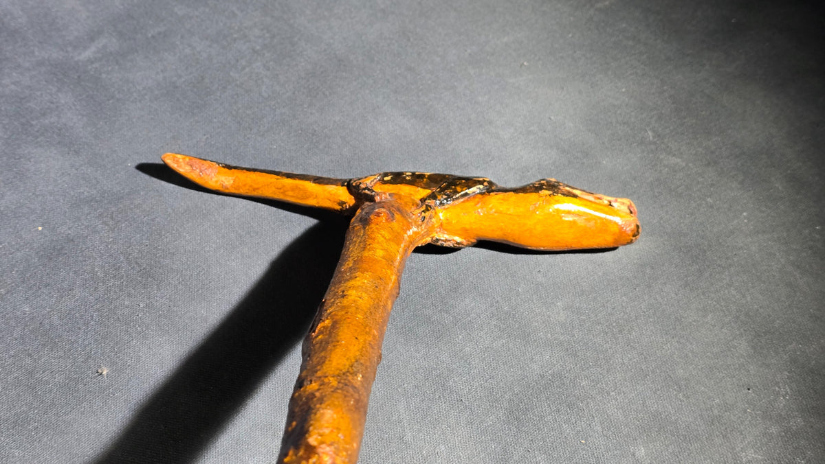 Vintage Folk Art Carved and Painted Alligator Walking Cane with Open-Mouth Handle on Natural Branch Shaft