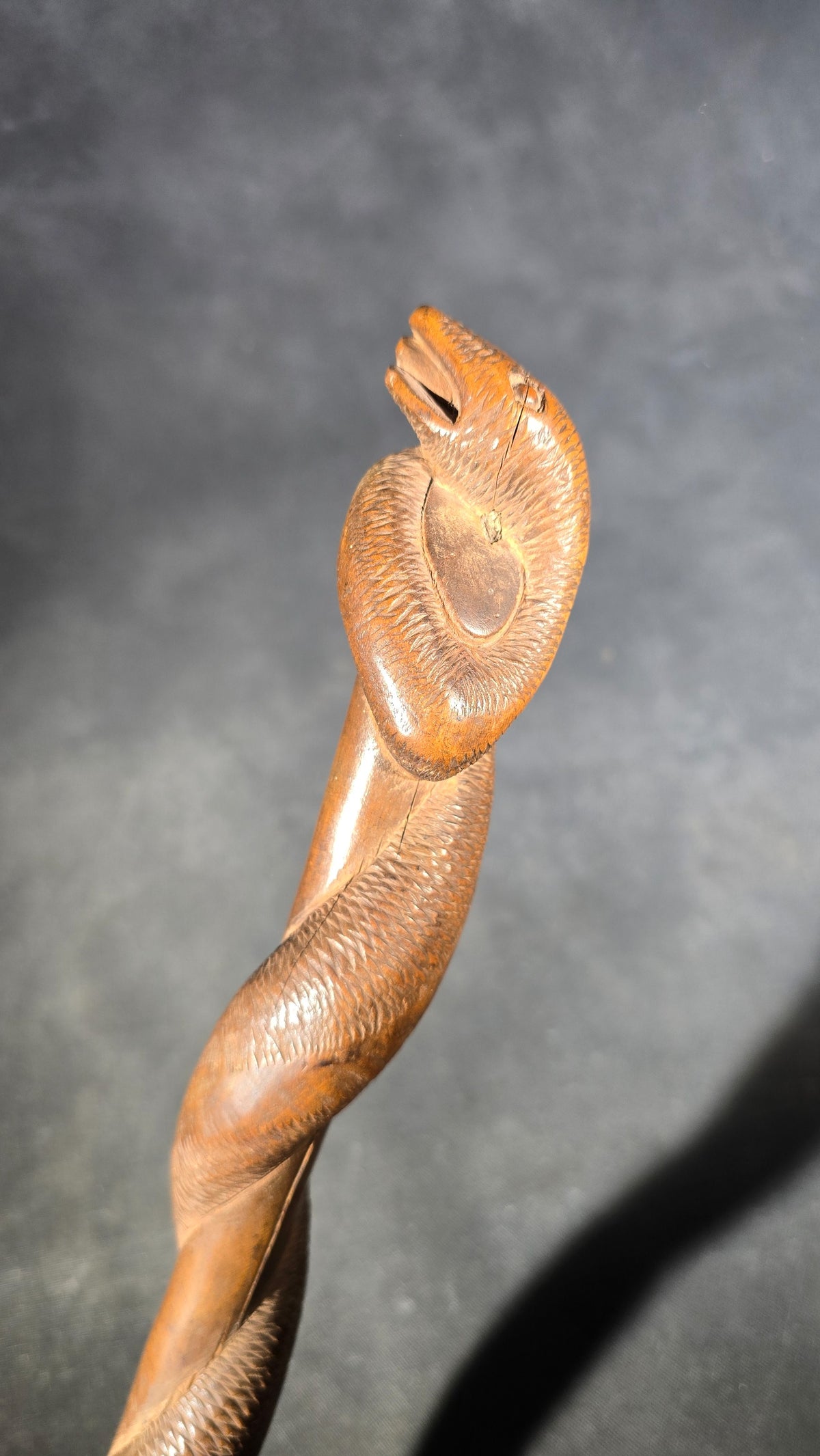 Vintage Hand-Carved Wood Snake Walking Cane with Cobra Head and Intertwined Serpent Shaft