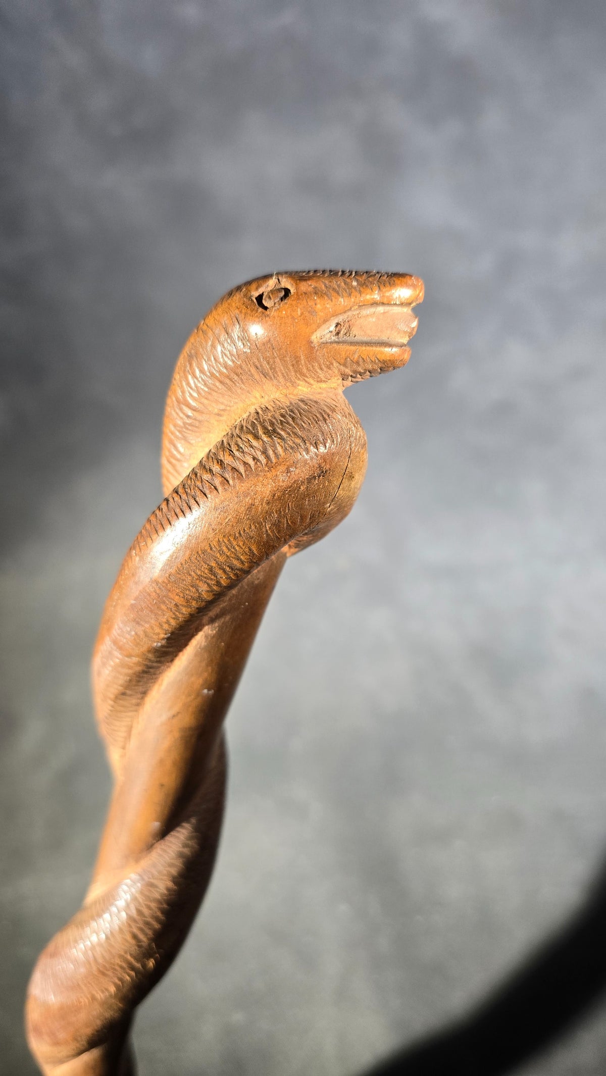 Vintage Hand-Carved Wood Snake Walking Cane with Cobra Head and Intertwined Serpent Shaft
