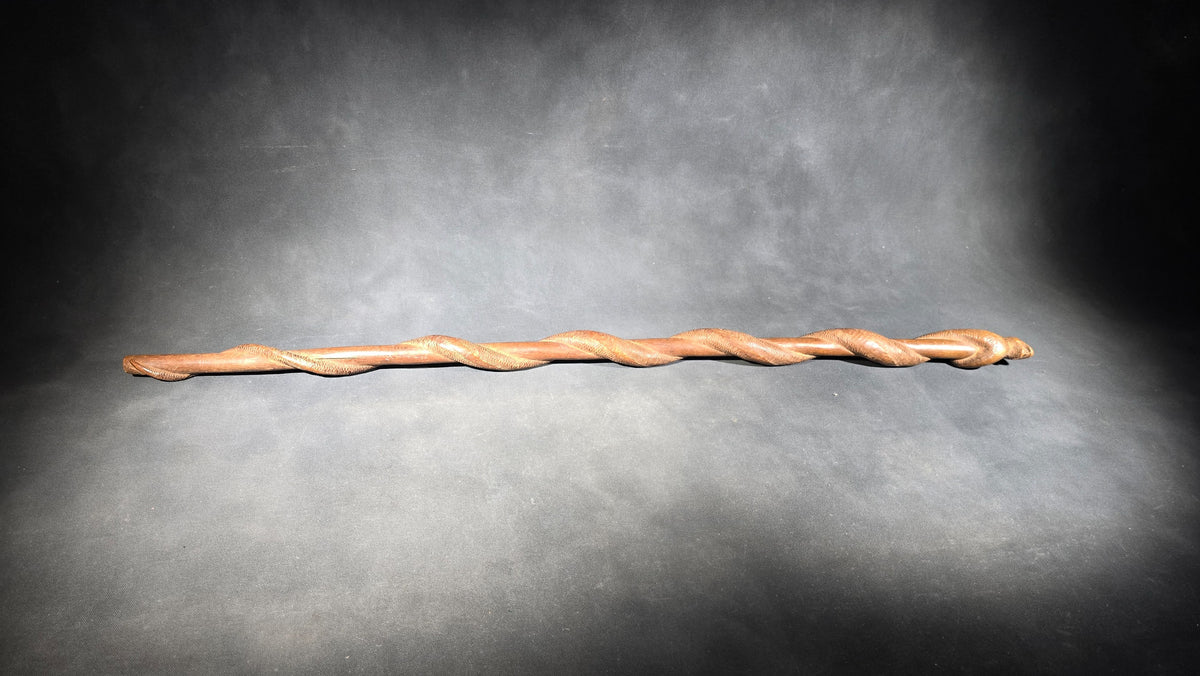 Vintage Hand-Carved Wood Snake Walking Cane with Cobra Head and Intertwined Serpent Shaft