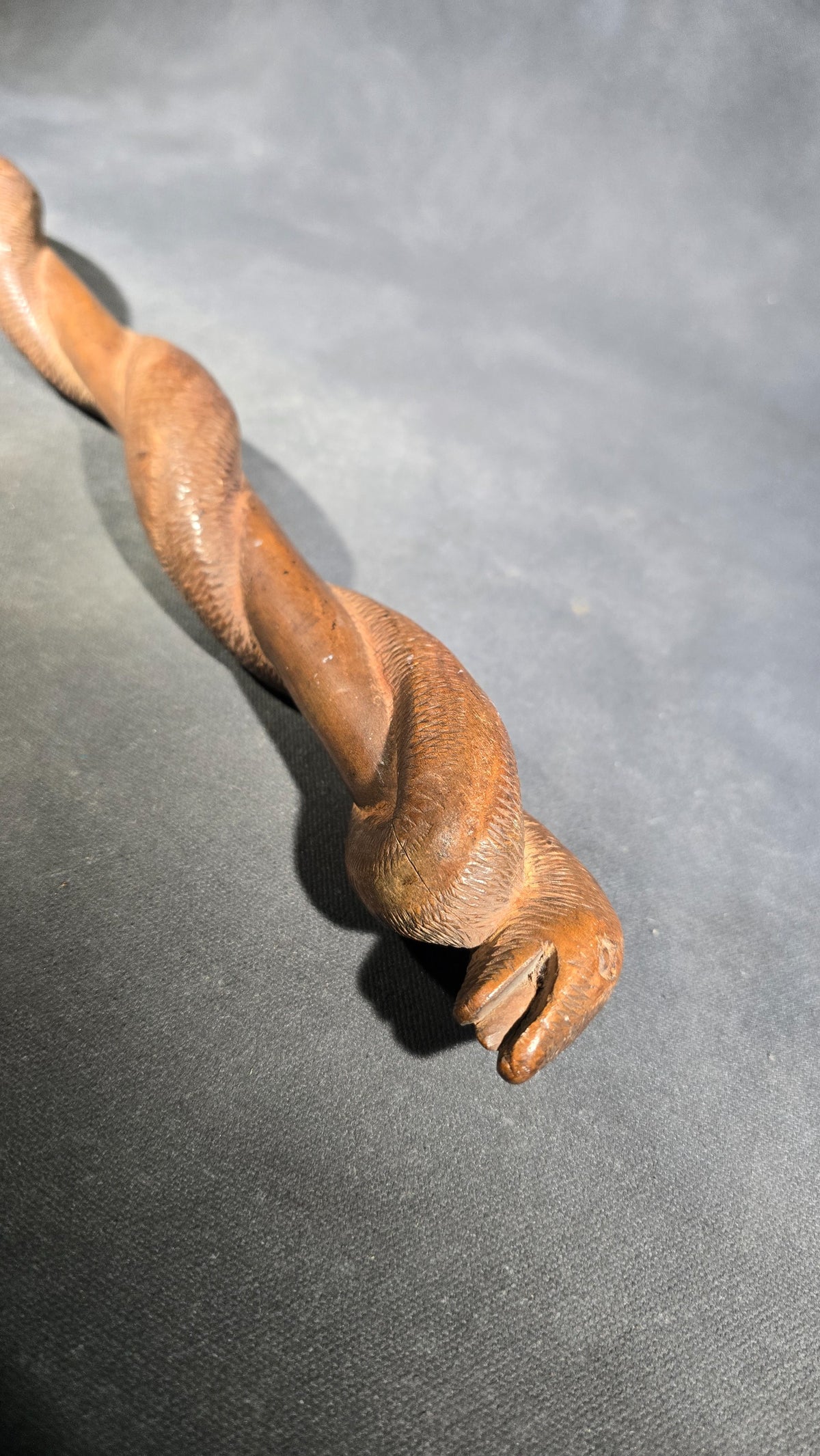 Vintage Hand-Carved Wood Snake Walking Cane with Cobra Head and Intertwined Serpent Shaft