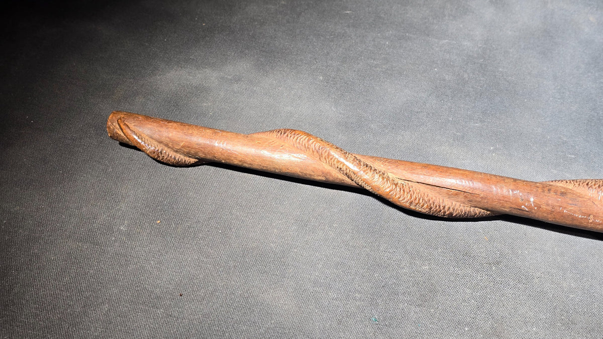 Vintage Hand-Carved Wood Snake Walking Cane with Cobra Head and Intertwined Serpent Shaft