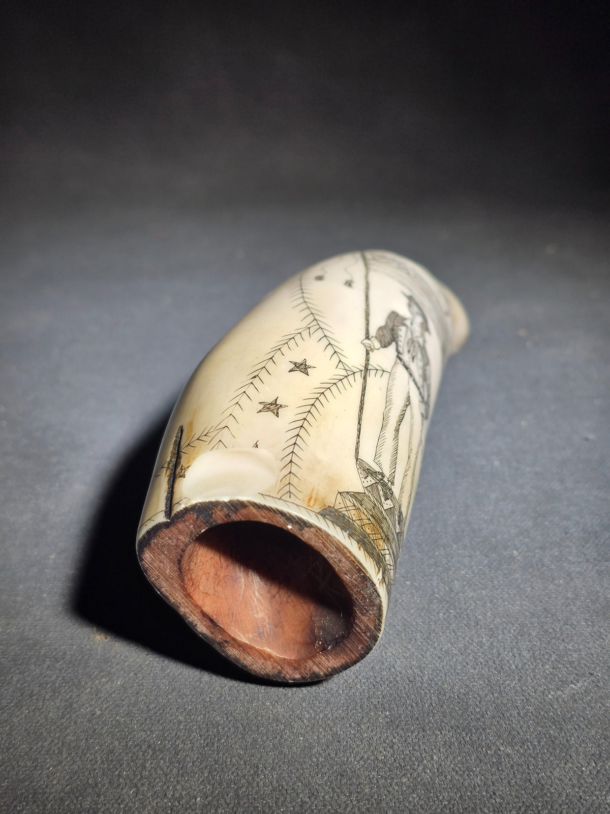 Modern Faux Scrimshaw Resin Whale Tooth, "The Ship Roman" with Full-Rigged Ship and Sailor Holding American Flag