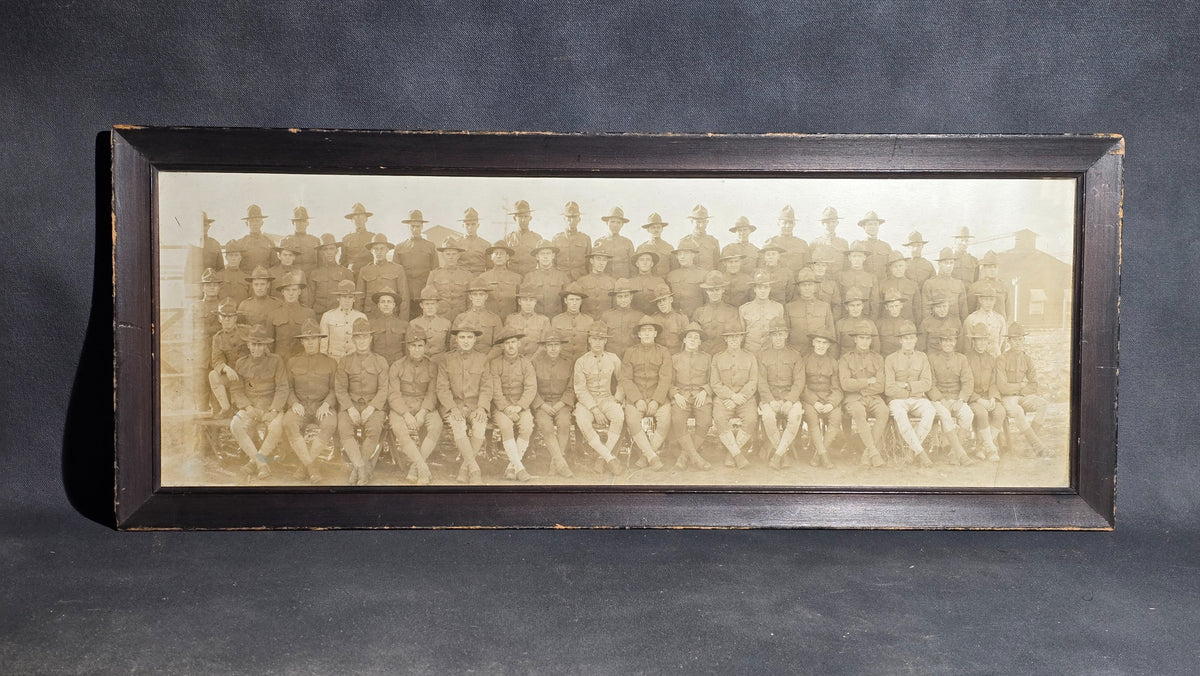 Antique Framed Panoramic Photograph of World War I Soldiers in Campaign Hats, The Marble Studio, Gardner, Massachusetts