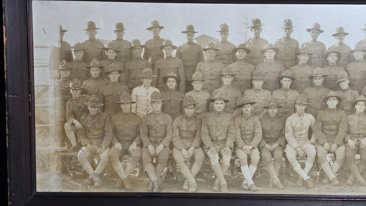 Antique Framed Panoramic Photograph of World War I Soldiers in Campaign Hats, The Marble Studio, Gardner, Massachusetts