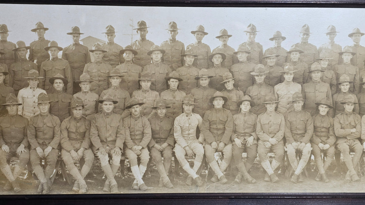 Antique Framed Panoramic Photograph of World War I Soldiers in Campaign Hats, The Marble Studio, Gardner, Massachusetts