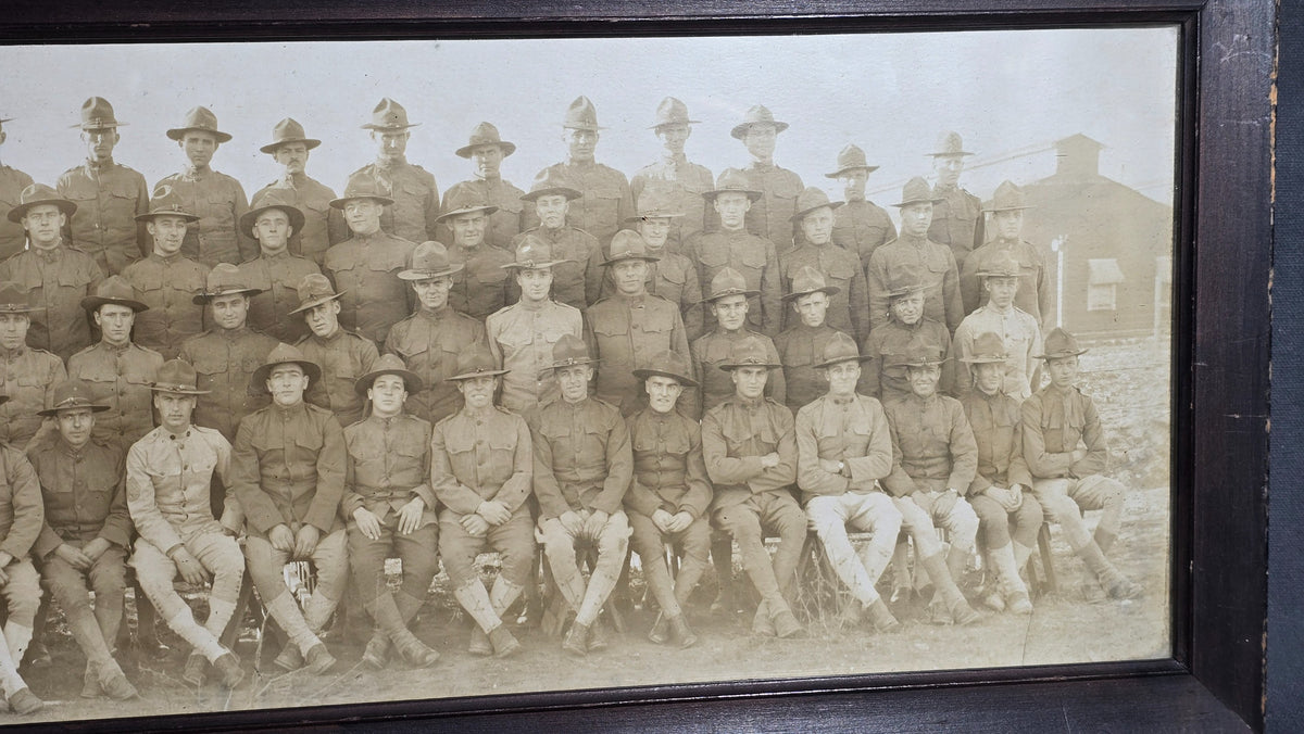 Antique Framed Panoramic Photograph of World War I Soldiers in Campaign Hats, The Marble Studio, Gardner, Massachusetts
