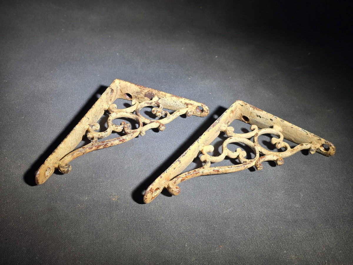 Pair of Antique Cast Iron Shelf Brackets with Scrollwork Design