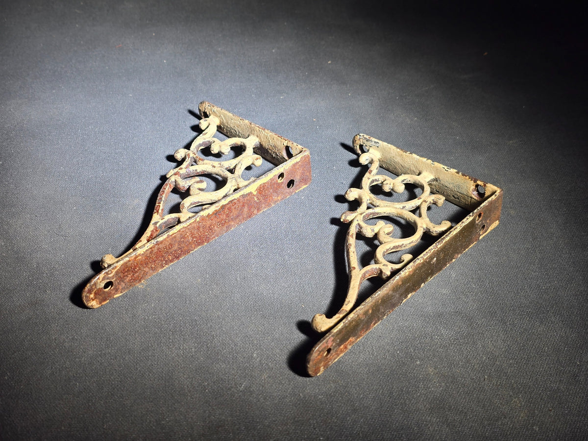 Pair of Antique Cast Iron Shelf Brackets with Scrollwork Design