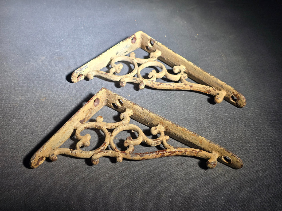 Pair of Antique Cast Iron Shelf Brackets with Scrollwork Design