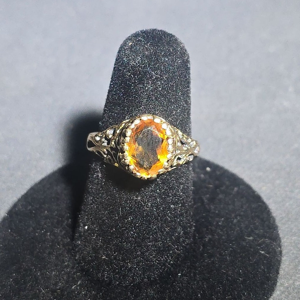 14K Gold Filigree Ring with Oval Citrine Stone, Marked "SD 14K"