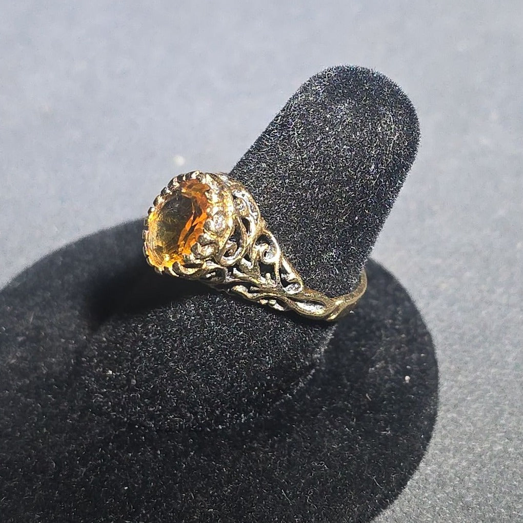 14K Gold Filigree Ring with Oval Citrine Stone, Marked "SD 14K"