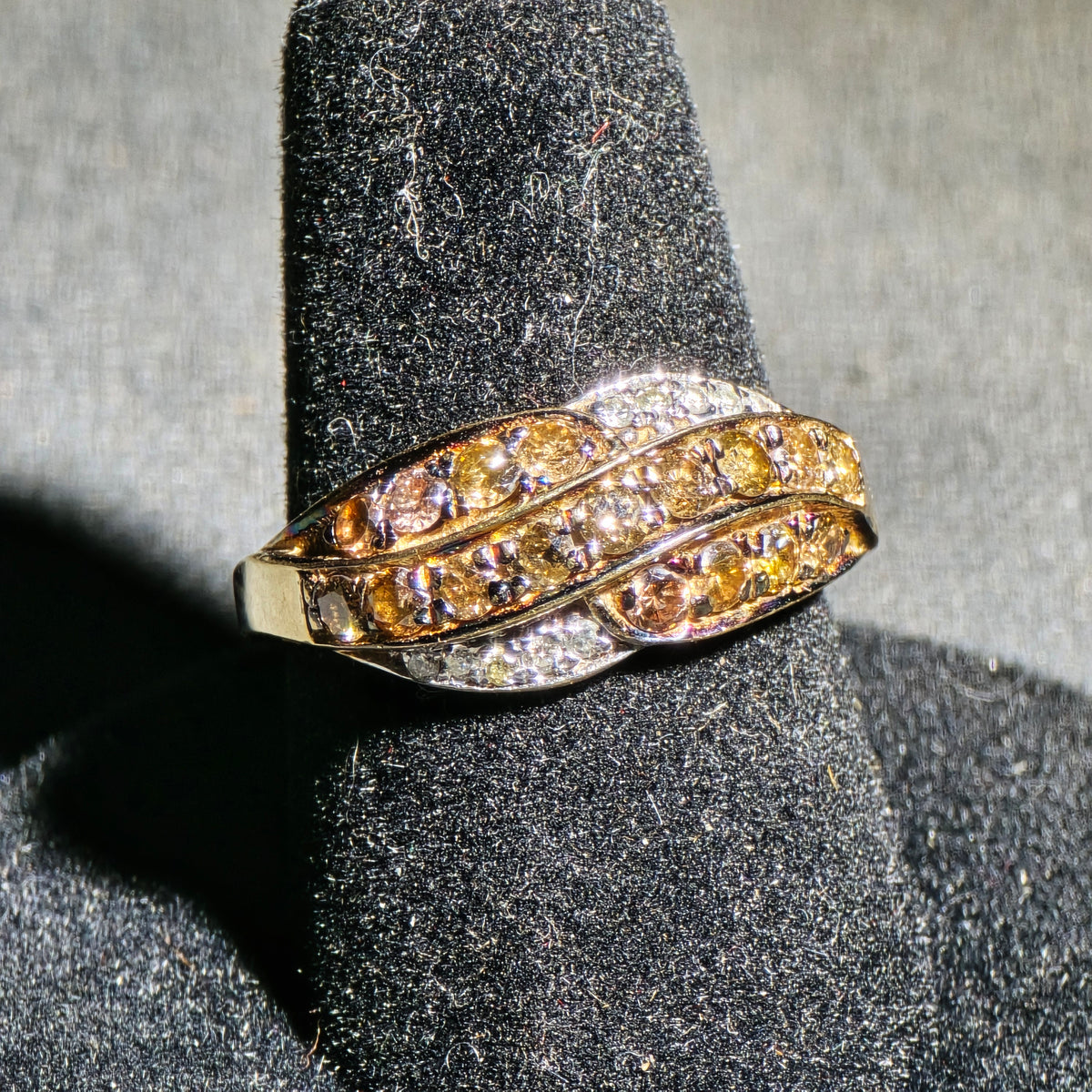 10K Gold Three-Row Swirl Design Diamond Ring