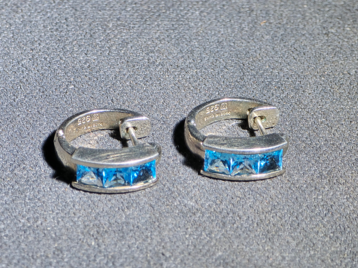 Pair of Vintage Sterling Silver Hoop Earrings with Blue Square-Cut Stones, Made in China