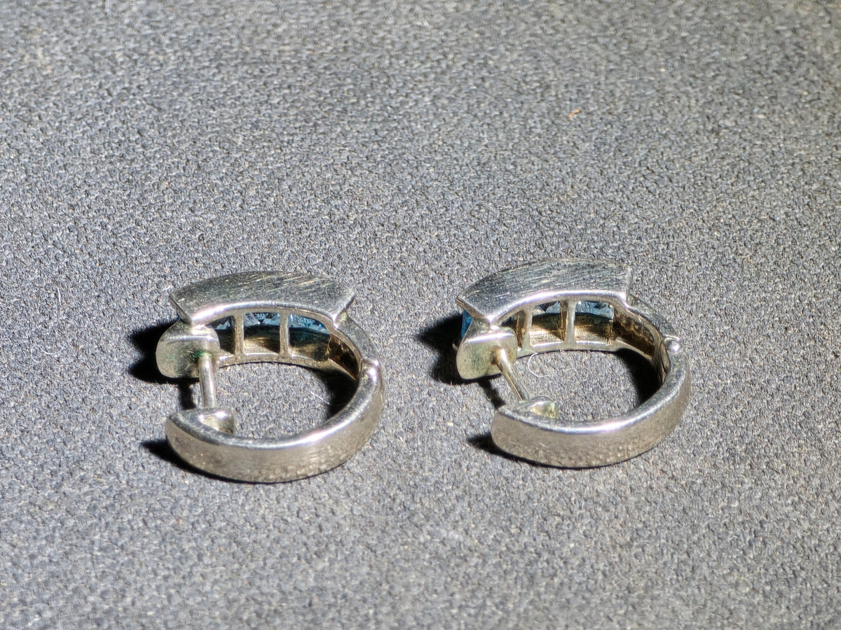 Pair of Vintage Sterling Silver Hoop Earrings with Blue Square-Cut Stones, Made in China