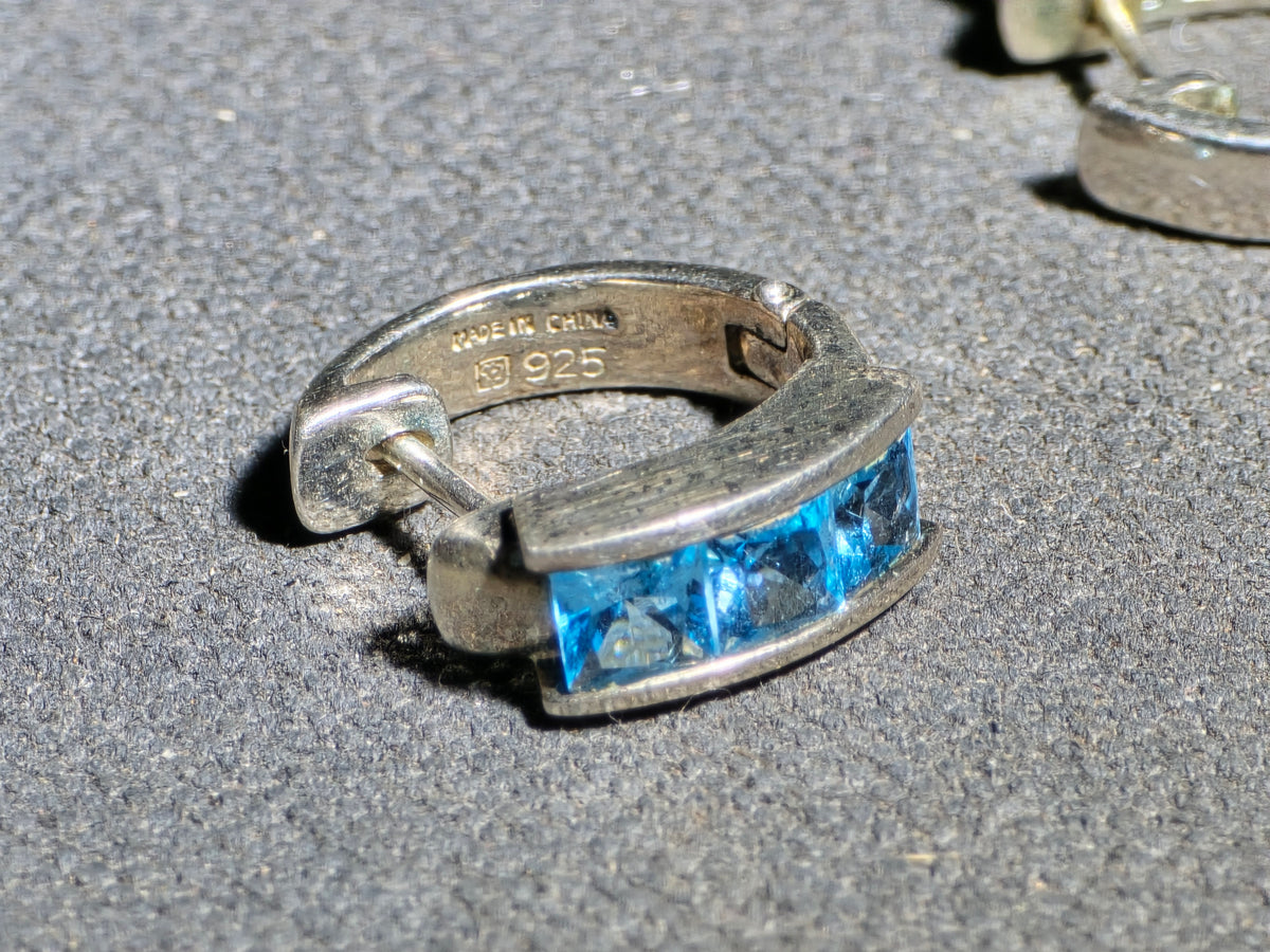 Pair of Vintage Sterling Silver Hoop Earrings with Blue Square-Cut Stones, Made in China
