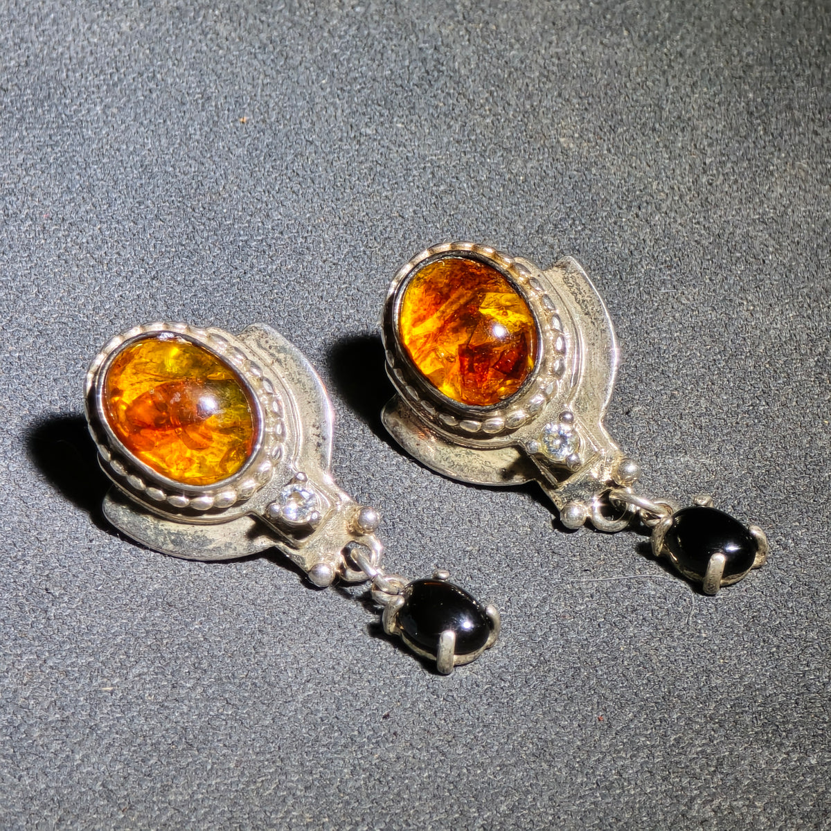 Pair of Vintage Sterling Silver Amber and Black Onyx Drop Earrings with Beaded Border Detail