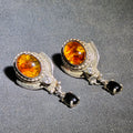 Lot 100 - Pair of Vintage Sterling Silver Amber and Black Onyx Drop Earrings with Beaded Border Detail, 1-1/2" H each, Total Weight 12.79 g