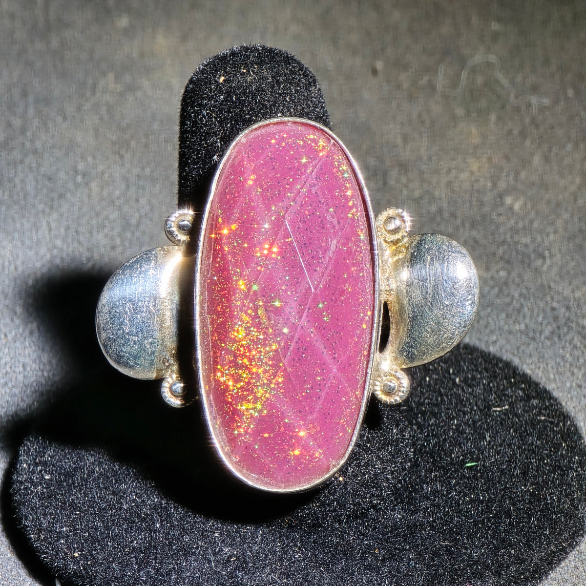 Vintage Sterling Silver Ring with Large Oval Pink Stone, Marked 925