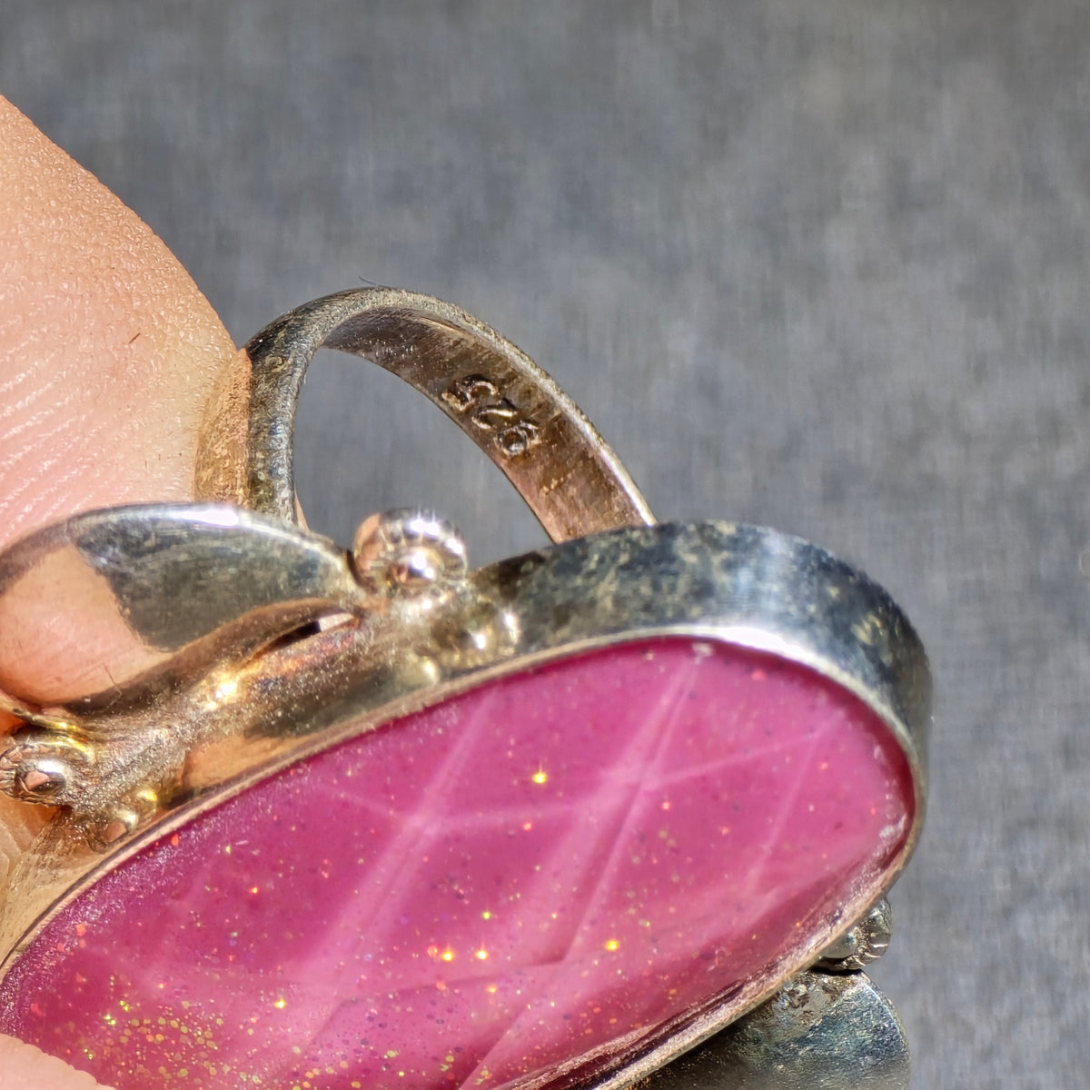 Vintage Sterling Silver Ring with Large Oval Pink Stone, Marked 925