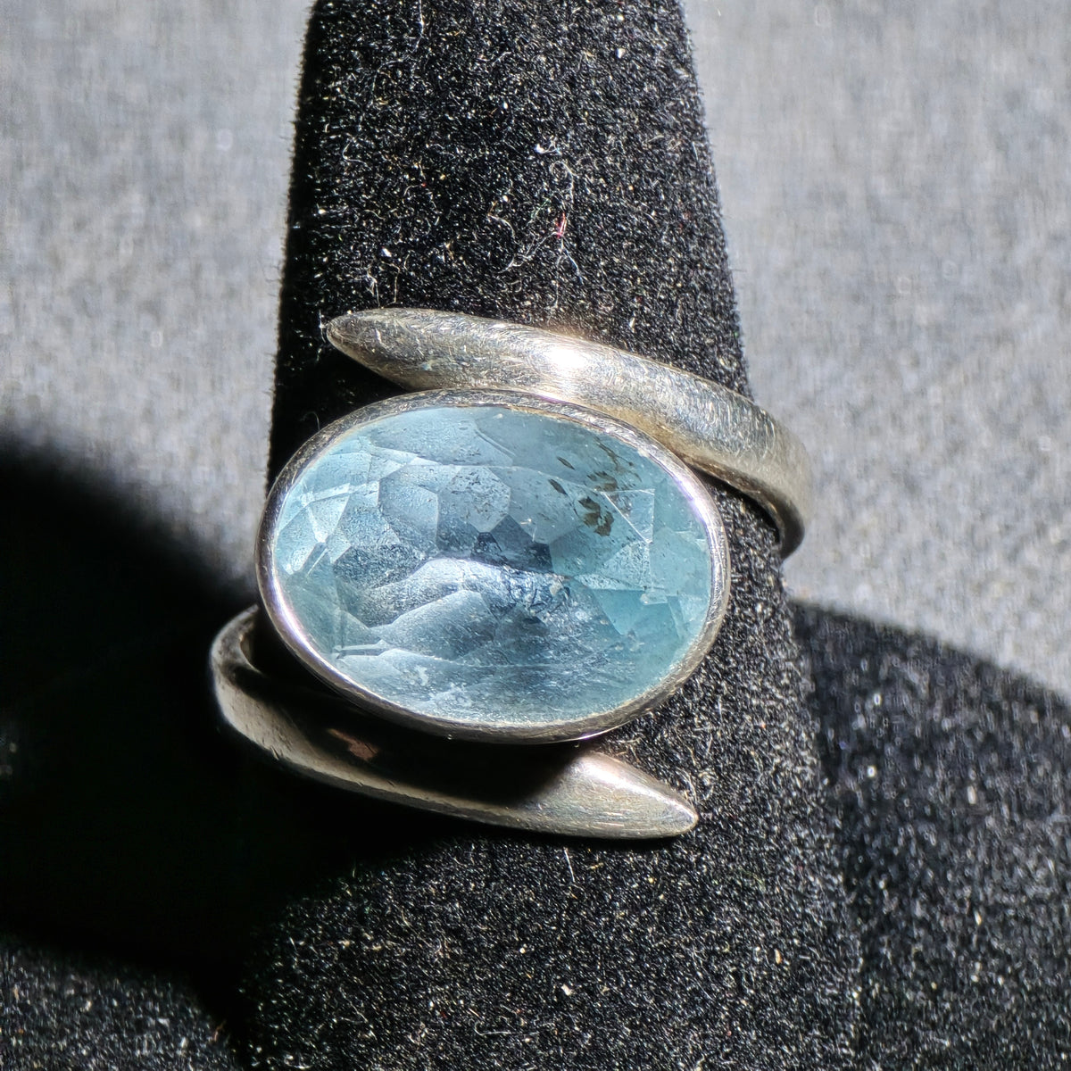 Vintage Sterling Silver Bypass Ring with Faceted Blue Stone, Marked 925