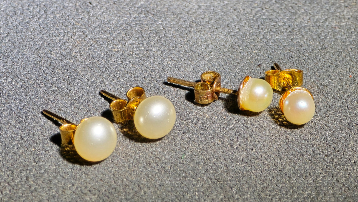 Pair of 10K Gold Pearl Stud Earrings and Pair of Vintage Gold-Tone Pearl Stud Earrings