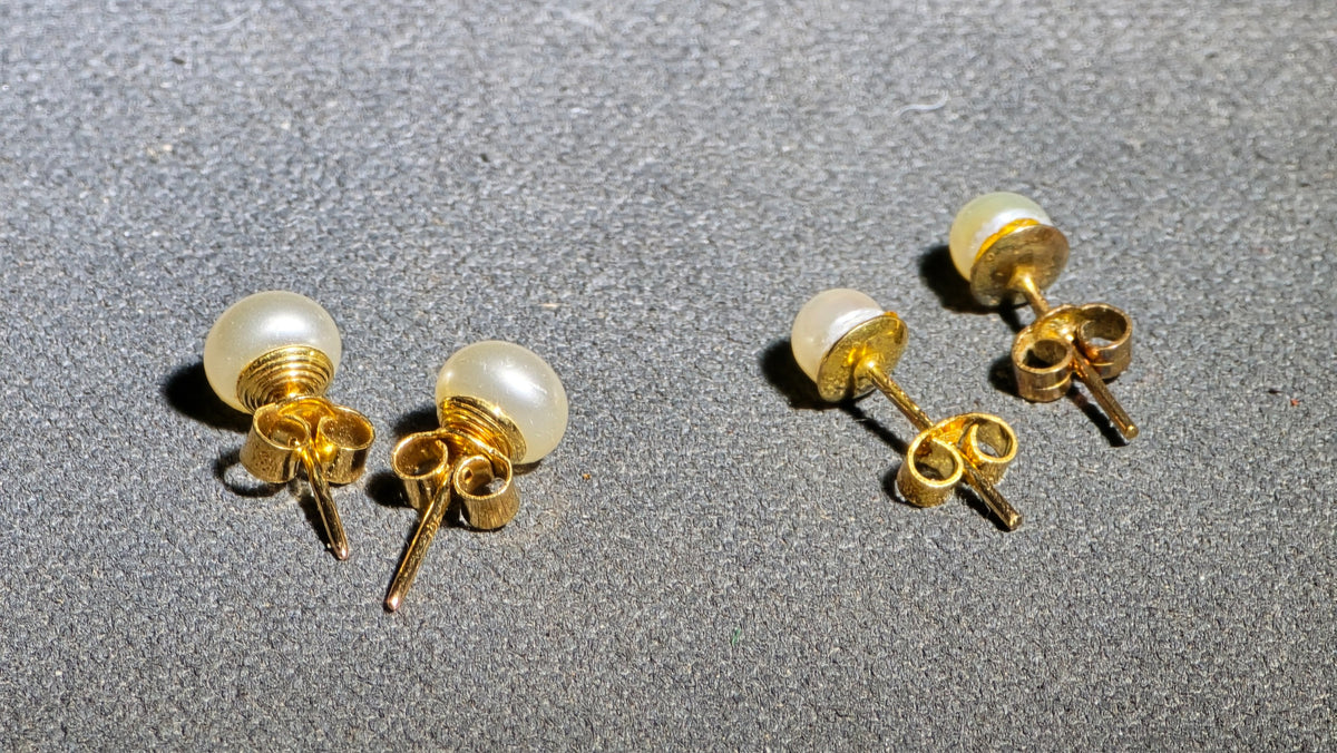 Pair of 10K Gold Pearl Stud Earrings and Pair of Vintage Gold-Tone Pearl Stud Earrings