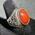 Lot 106 - Vintage Sterling Silver Ring with Oval Carnelian Cabochon and Pierced Scrollwork Shoulders, Made in Thailand, Size 6-1/2, Total Weight 6.11 g