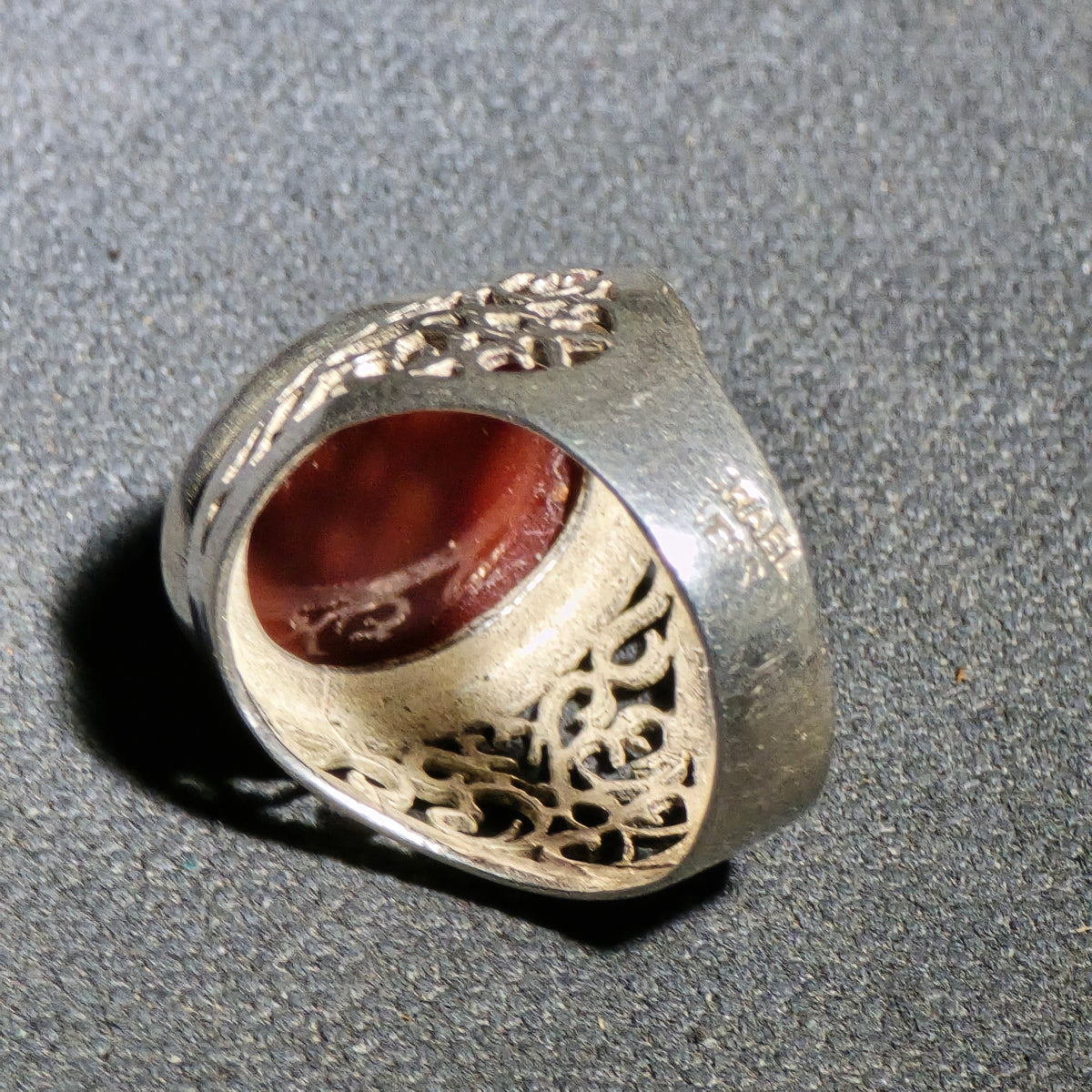 Vintage Sterling Silver Ring with Oval Carnelian Cabochon and Pierced Scrollwork Shoulders, Made in Thailand