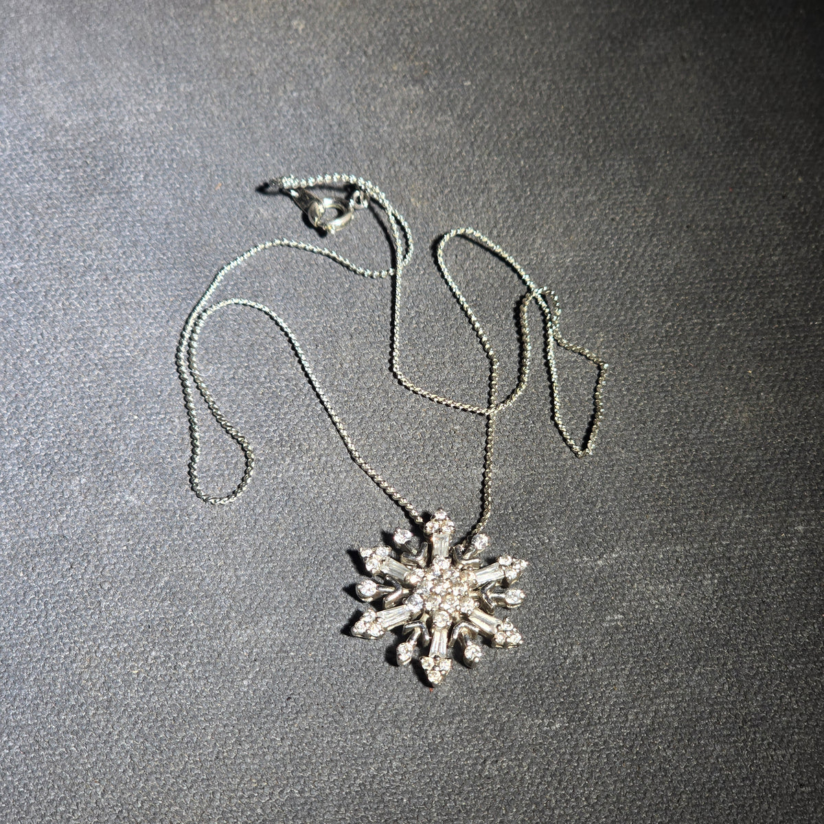 Vintage Sterling Silver Snowflake Pendant Necklace with Round and Baguette-Cut Clear Stones on Box Chain