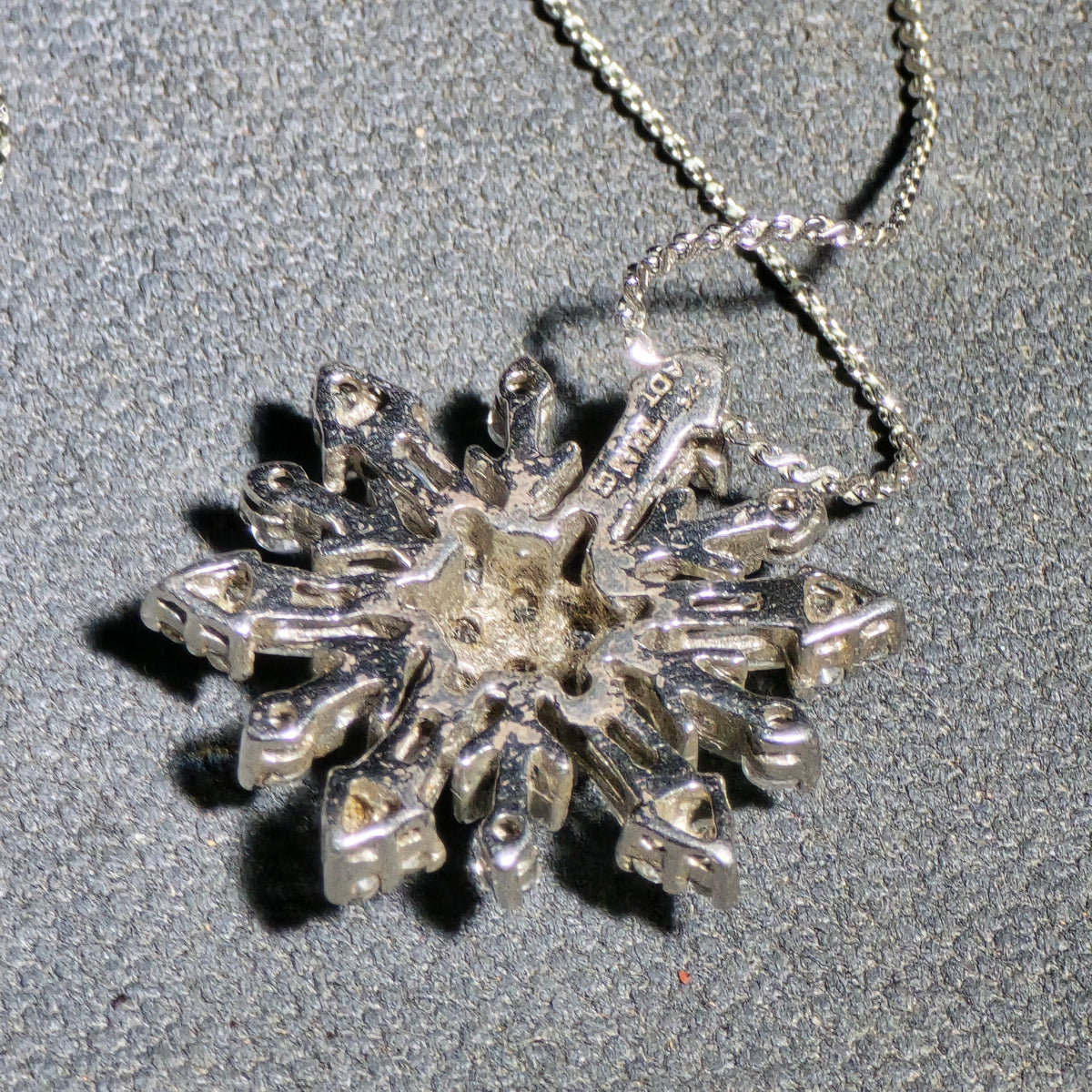 Vintage Sterling Silver Snowflake Pendant Necklace with Round and Baguette-Cut Clear Stones on Box Chain