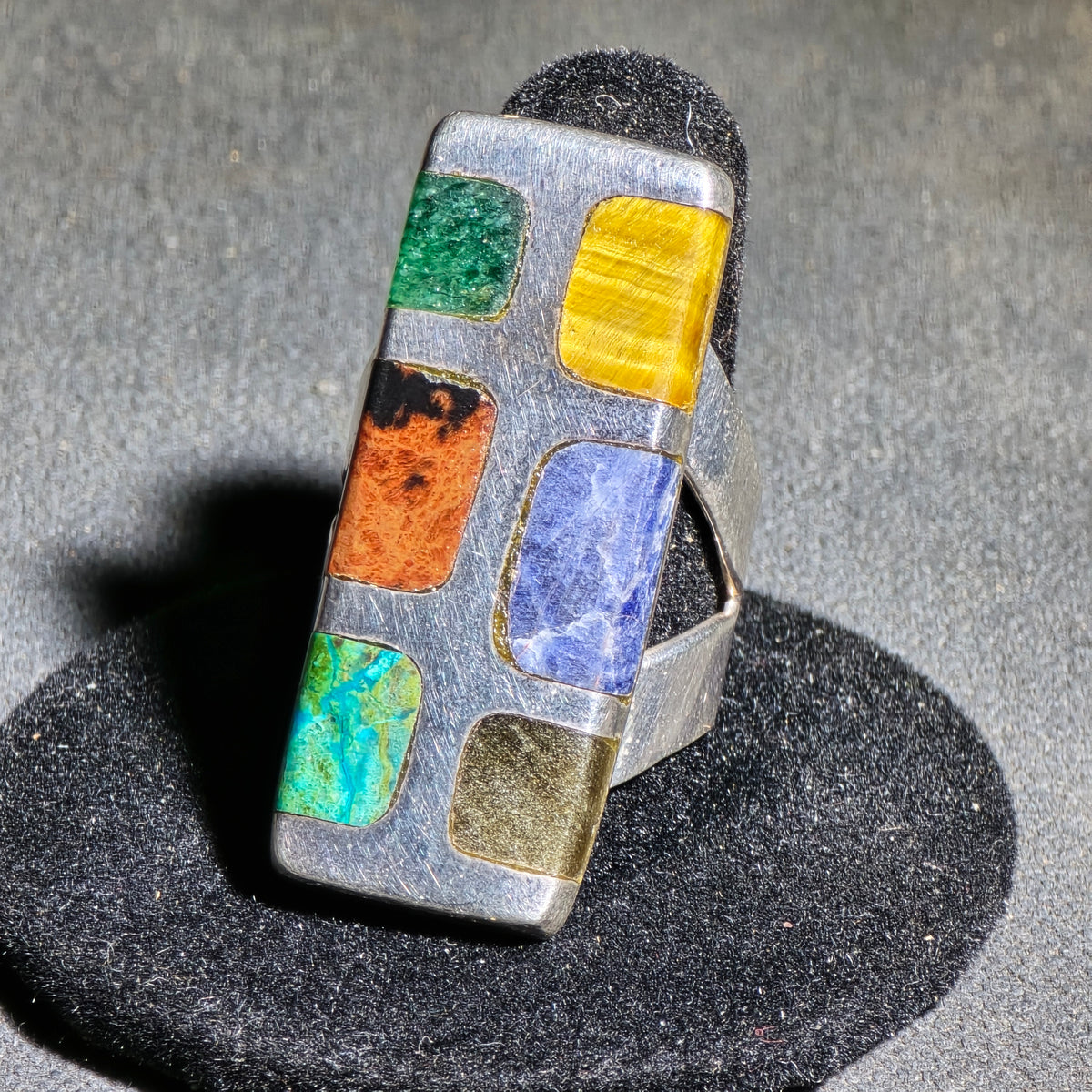 Vintage Sterling Silver Multi-Stone Inlay Ring, Made in Mexico, Signed Quintin V