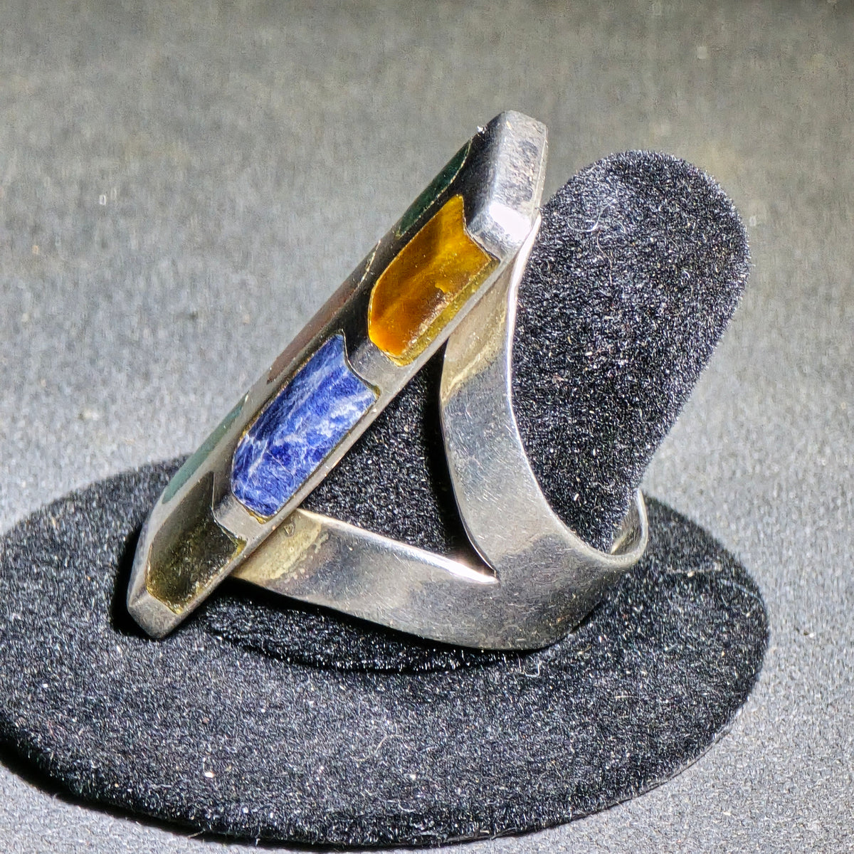 Vintage Sterling Silver Multi-Stone Inlay Ring, Made in Mexico, Signed Quintin V