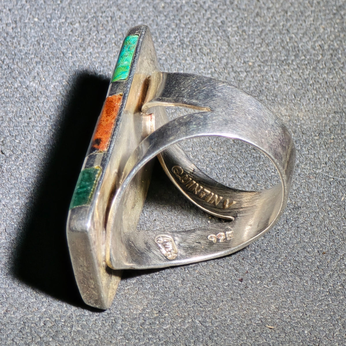 Vintage Sterling Silver Multi-Stone Inlay Ring, Made in Mexico, Signed Quintin V