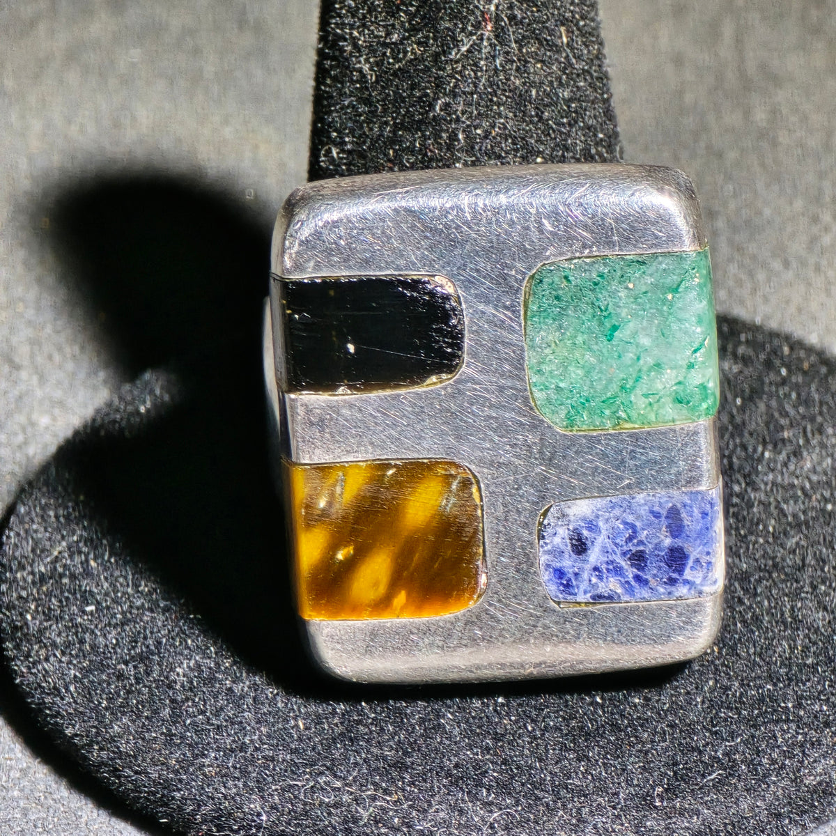 Vintage Sterling Silver Multi-Stone Inlay Ring with Square Face, Signed Quintin V, Made in Mexico