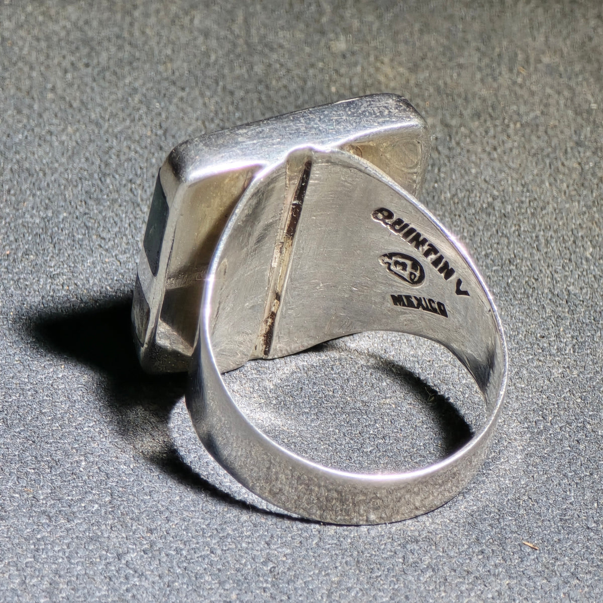 Vintage Sterling Silver Multi-Stone Inlay Ring with Square Face, Signed Quintin V, Made in Mexico