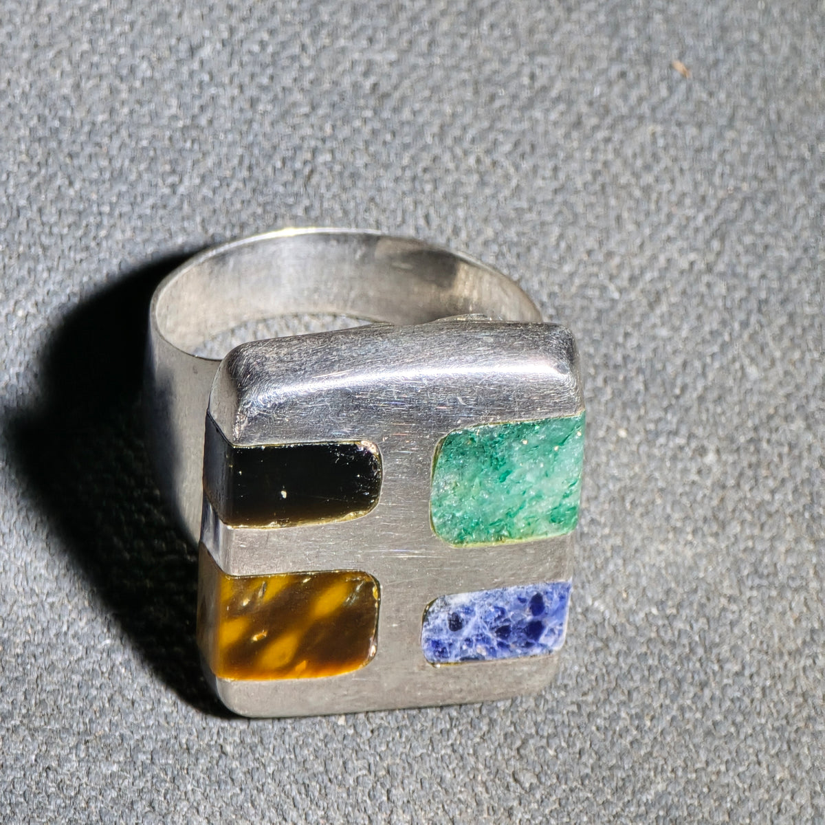 Vintage Sterling Silver Multi-Stone Inlay Ring with Square Face, Signed Quintin V, Made in Mexico