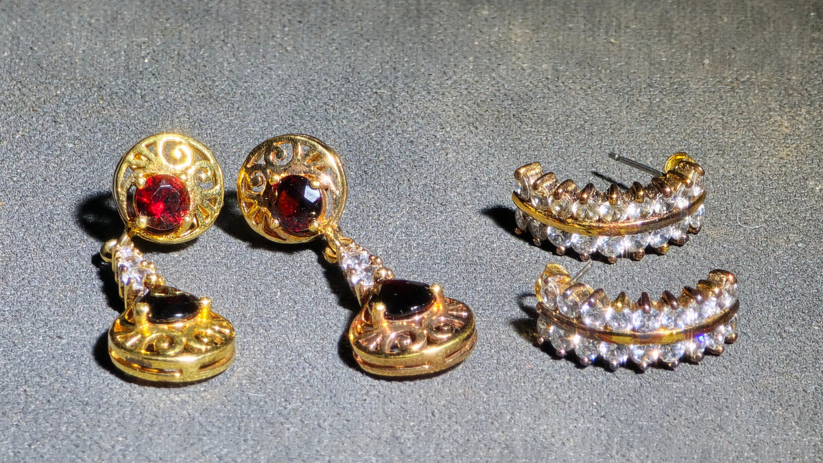 Pair of Vintage Gold-Tone Sterling Silver Earrings including Drop Earrings with Red Stones and Clear Stone Half-Hoop Earrings, Marked 925