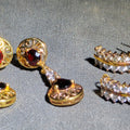 Lot 101 - Pair of Vintage Gold-Tone Sterling Silver Earrings Including Drop Earrings with Red Stones and Clear Stone Half-Hoop Earrings, Marked 925, Total Weight 16.15 g