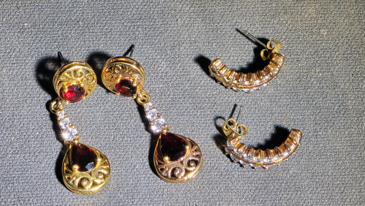 Pair of Vintage Gold-Tone Sterling Silver Earrings including Drop Earrings with Red Stones and Clear Stone Half-Hoop Earrings, Marked 925