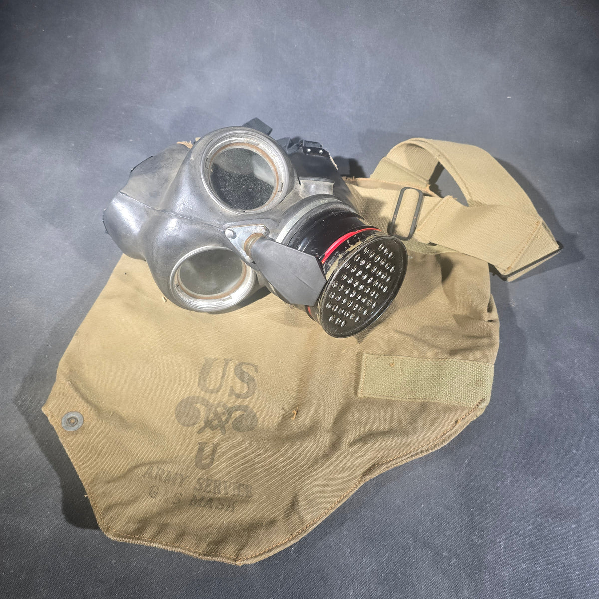 Antique U.S. Army Service Gas Mask Canvas Carry Bag, Circa 1921, with Anachronistic Gas Mask