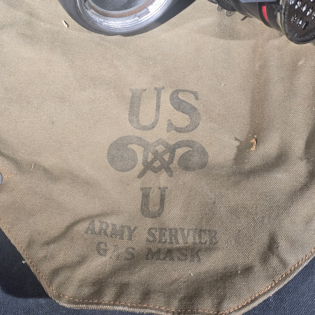 Antique U.S. Army Service Gas Mask Canvas Carry Bag, Circa 1921, with Anachronistic Gas Mask