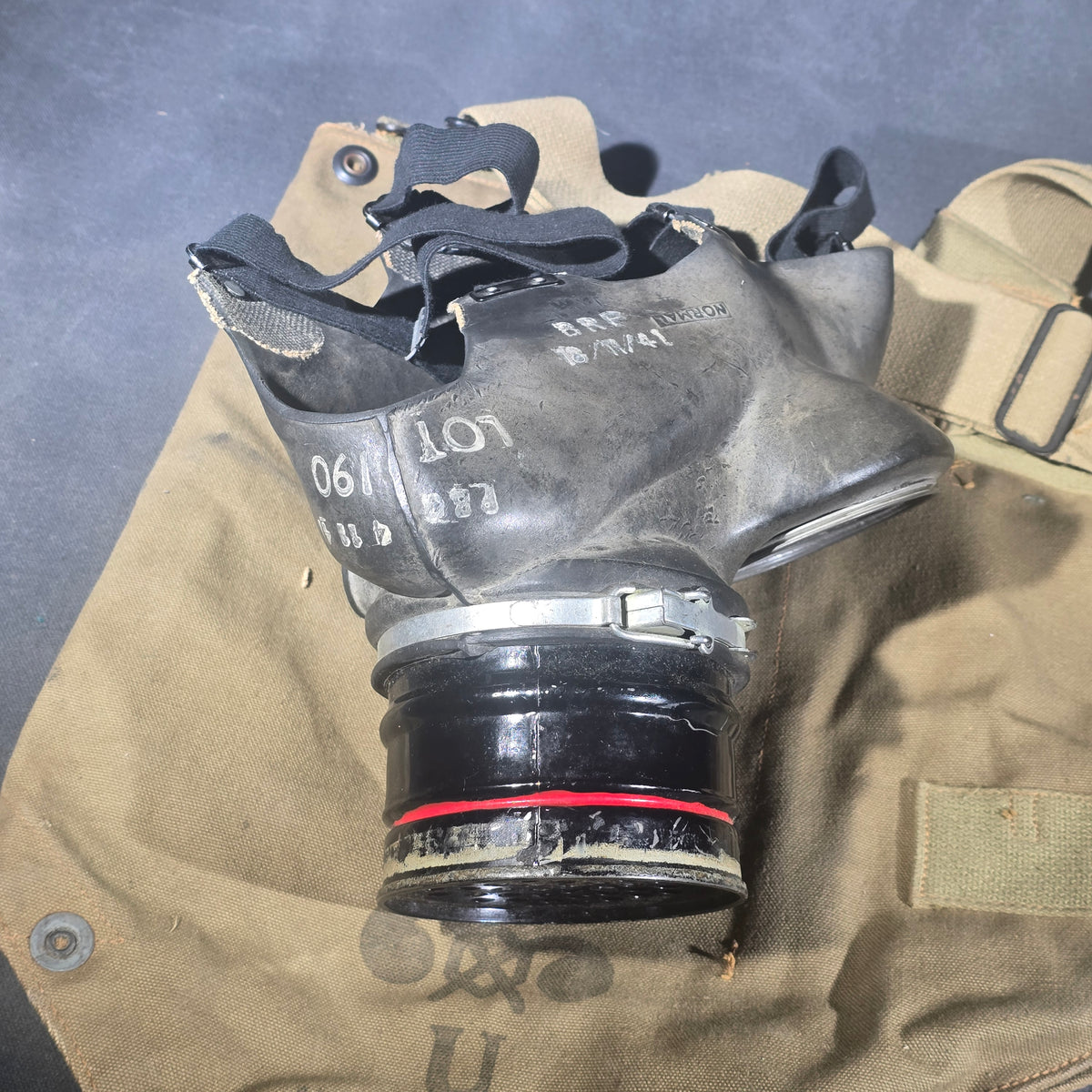 Antique U.S. Army Service Gas Mask Canvas Carry Bag, Circa 1921, with Anachronistic Gas Mask